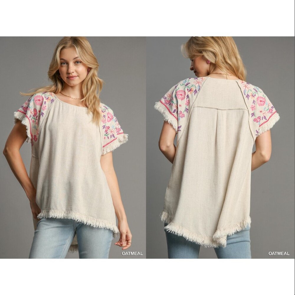 Embroidered Sleeves Linen Cotton Blend Round Neck w/ Frayed High Low Hem - Picture 2 of 15